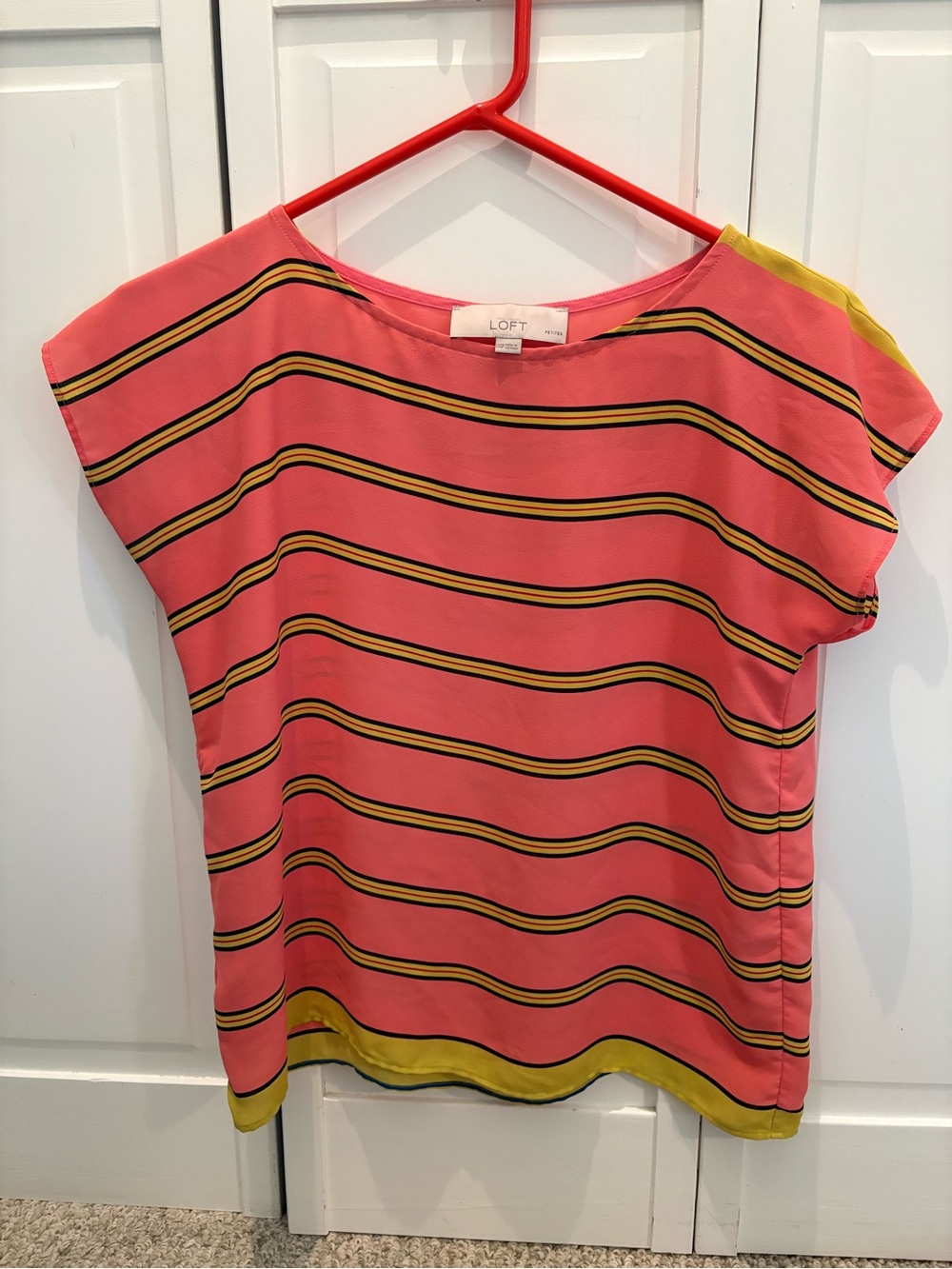LOFT Coral Striped Boxy Top with Yellow Trim